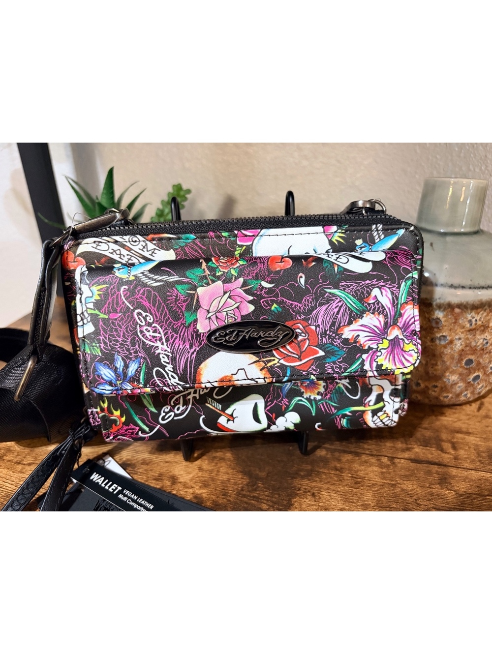 Ed Hardy Women's Multicolor Tattoo Crossbody Wallet Skulls and Roses